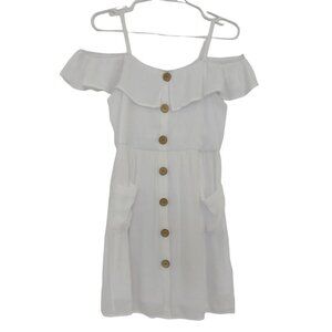 Vintage, Beautees, White Off-Shoulder Dress With Wooden Buttons & Pockets.